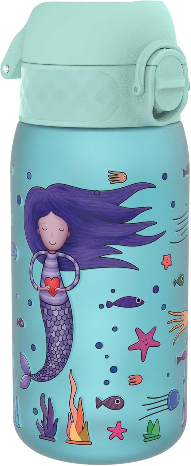 Ion8 Leak Proof Kids Water Bottle, Mermaids, 350ml (12oz), Leak Proof, Easy to Open, Secure Lock, Dishwasher Safe, BPA Free, Carry Handle, Hygienic Flip Cover, Easy Clean, Odour Free, Carbon Neutral