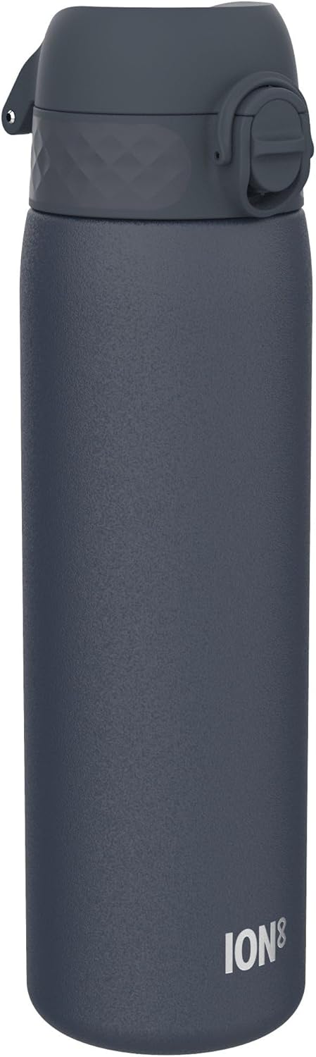 Ion8 Leak Proof Slim Water Bottle, Stainless Steel, Ash Navy, 600ml (20oz), Non-Insulated, Leak Proof, Easy to Open, Secure Lock, Dishwasher Safe, Flip Cover, Fits Cup Holders, Carry Handle, Metal Water Bottle