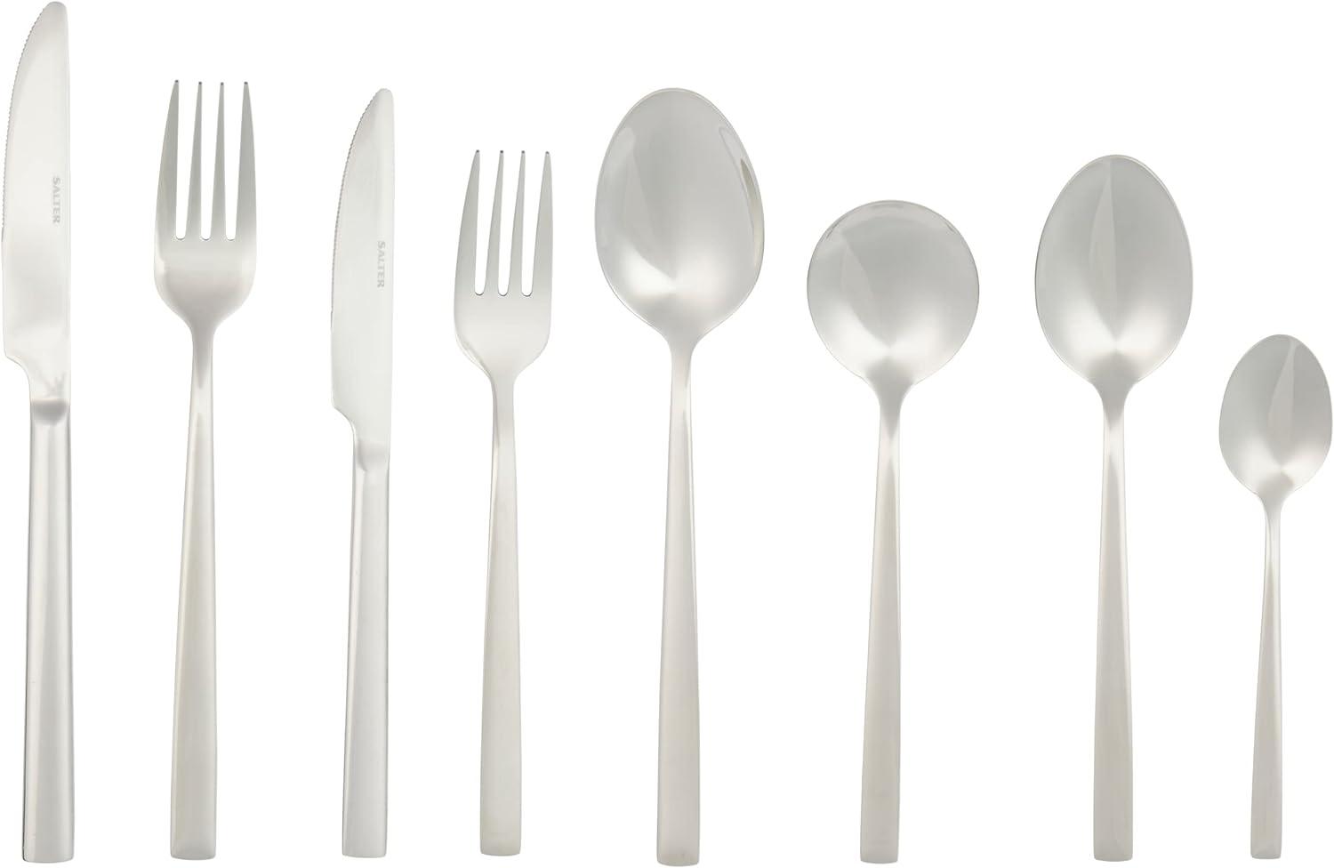 Salter Winslow 44 Piece Cutlery Set - Stainless Steel Silverware, Service for 6 People, Includes Knives, Forks, Teaspoons, Soup Spoons, Serving Spoons and Dessert Cutlery, 25 Year Guarantee