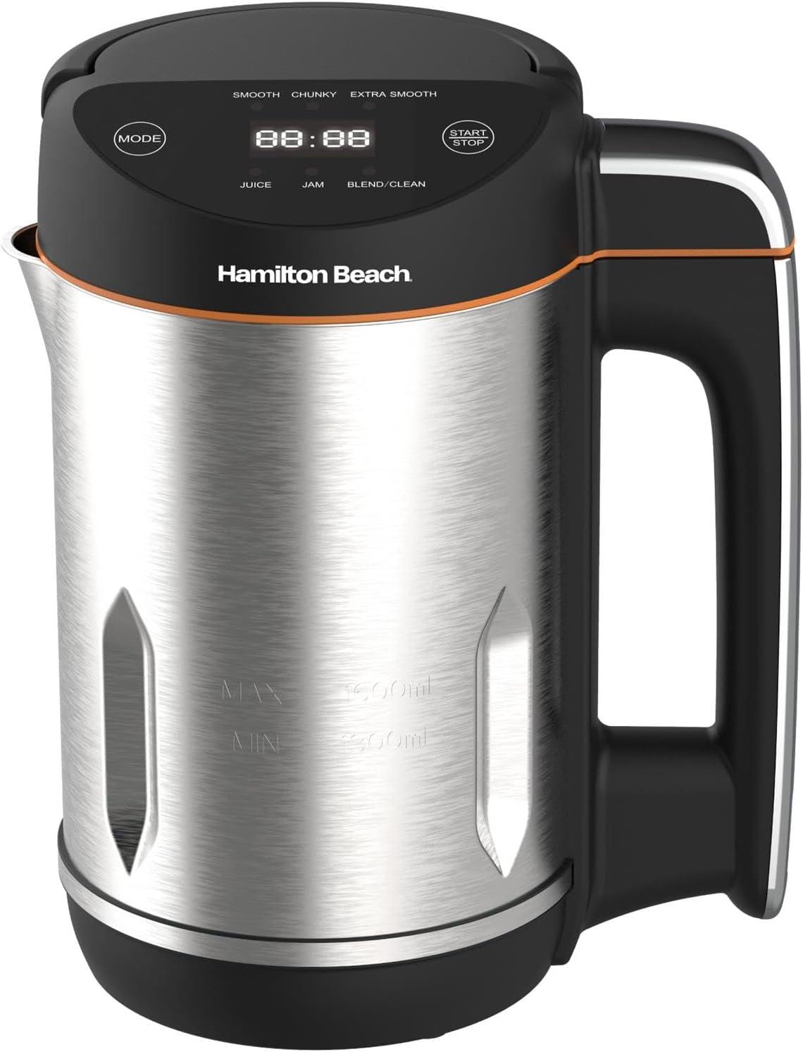 Hamilton Beach Soup Maker Plus, Intelligent Control, 1.6L, 3 in 1, Chunky & Smooth Soups, One-Touch Digital Display & Timer, Overspill Sensor, Makes 4 Portions, Carry Handle, 1000W, Silver