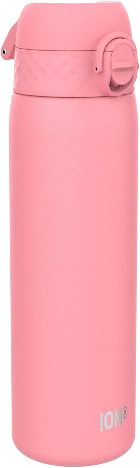Ion8 Leak Proof Slim Water Bottle, Vacuum Insulated, Rose Bloom, 500ml (17oz), Leak Proof, Easy to Open, Secure Lock, Dishwasher Safe, Fits Cup Holders, Carry Handle, Scratch Resistant, Metal Water Bottle