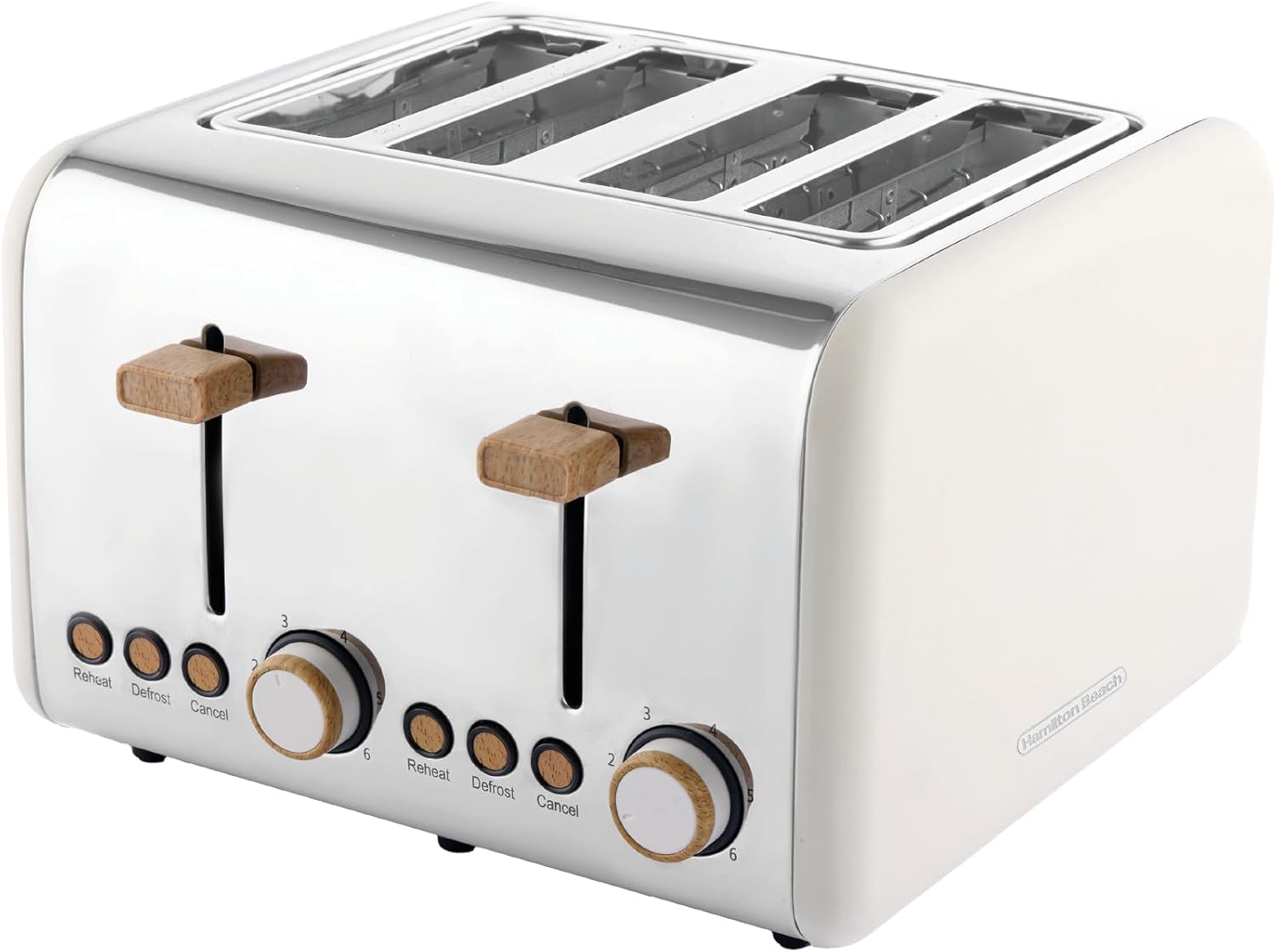 Hamilton Beach Toaster 4 Slice, Scandi, 1500W, 6 Browning Controls, Defrost, Reheat & Cancel Settings, Removable Crumb Tray, Matte Cream with Wood Effect