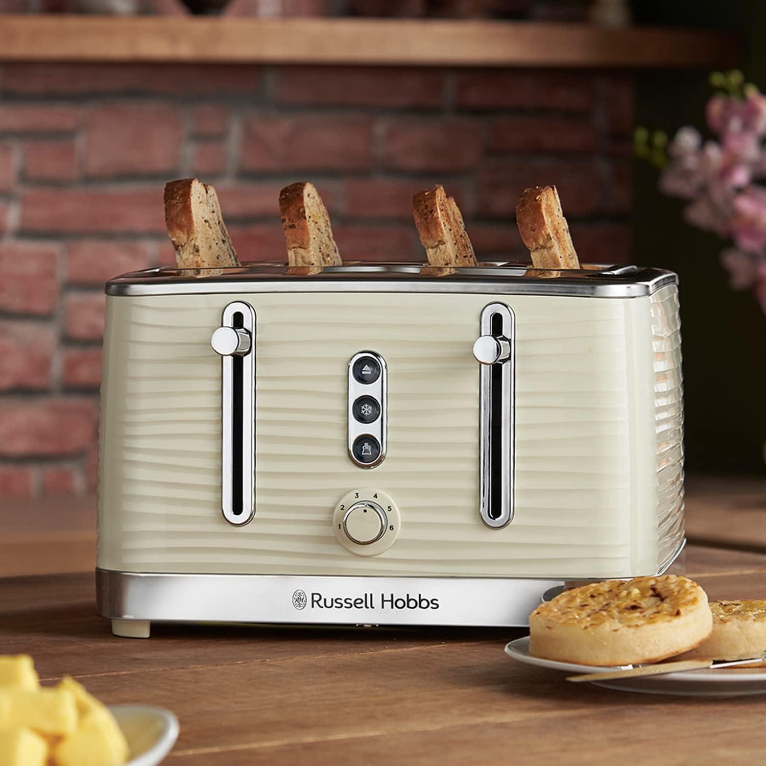 Russell Hobbs Inspire 4 Slice Toaster (Extra wide slots, High lift feature, 6 Browning levels, Frozen/Cancel/Reheat function with Blue LED illumination, 1800W, Cream textured high gloss)