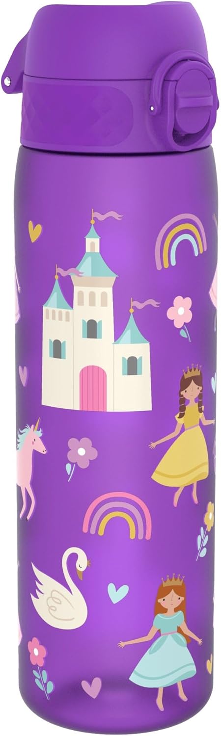 Ion8 Leak Proof Slim Water Bottle, Princess, 500ml (18oz), Easy to Open, Secure Lock, Dishwasher Safe, BPA Free, Hygienic Flip Cover, Carry Handle, Fits Cup Holders, Easy Clean, Carbon Neutral