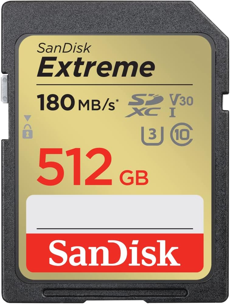 SanDisk 512GB Extreme SDXC card, SD card up to 180MB/s, V30 Memory card, UHS-I, Class, 10, U3, V30, RescuePro Deluxe data recovery software