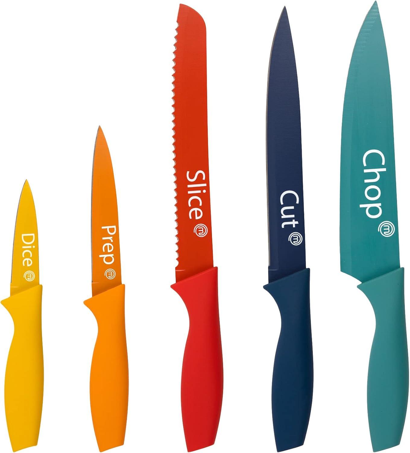 MasterChef Knife Set of 5 Kitchen Knives incl. Paring, Utility, Bread, Carving & Chef Knives for Cooking, Professional Sharp Stainless Steel, Non Stick Blades & Soft Touch Handles, 5 Piece, Coloured