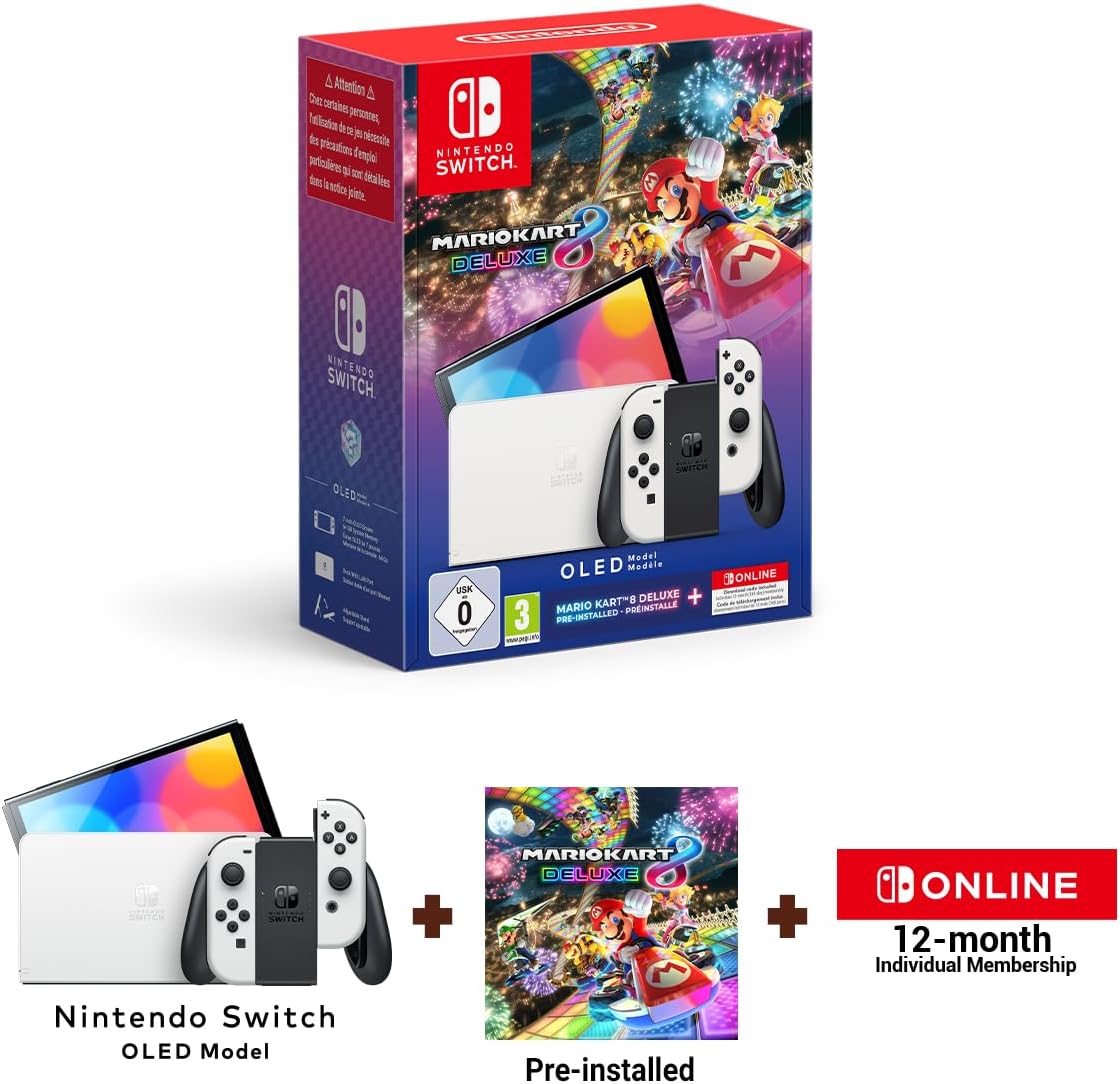 Nintendo Switch OLED (White) + Mario Kart 8 Deluxe + 12 Months NSO