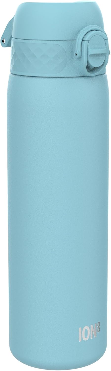 Ion8 Leak Proof Slim Water Bottle, Stainless Steel, Alaskan Blue, 600ml (20oz), Non-Insulated, Leak Proof, Easy to Open, Secure Lock, Dishwasher Safe, Flip Cover, Fits Cup Holders, Carry Handle, Metal Water Bottle