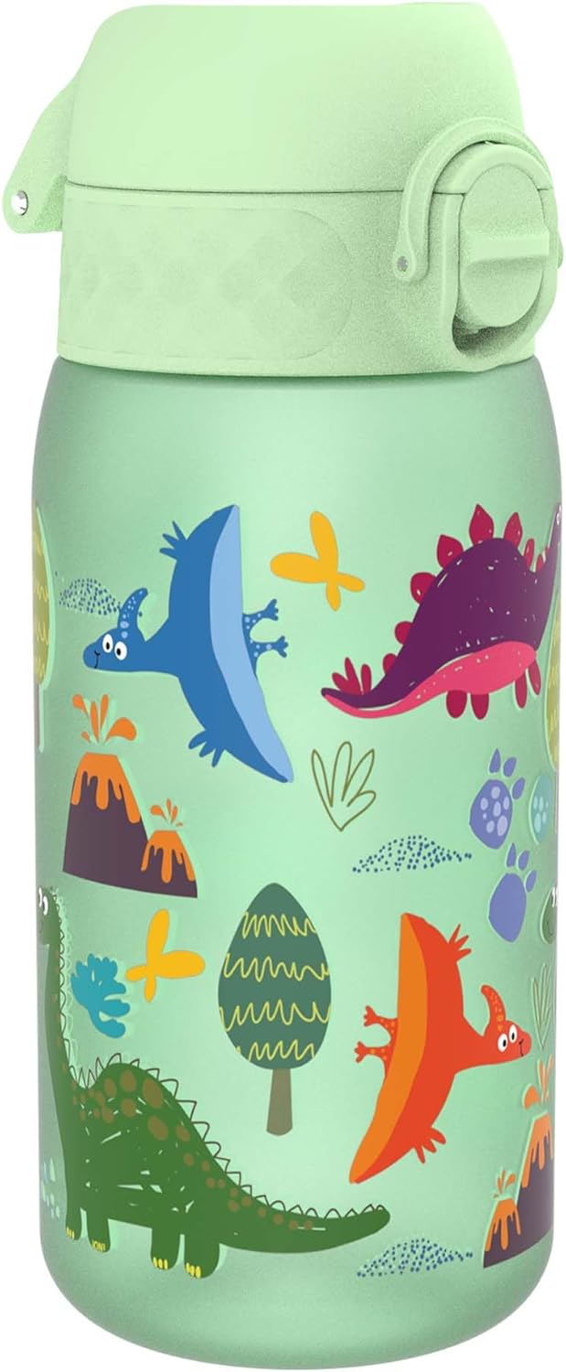 Ion8 Leak Proof Kids Water Bottle, Dinosaurs, 350ml (12oz), Leak Proof, Easy to Open, Secure Lock, Dishwasher Safe, BPA Free, Carry Handle, Hygienic Flip Cover, Easy Clean, Odour Free, Carbon Neutral