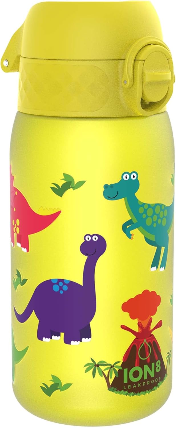Yellow water bottle with dinosaur illustrations on a yellow background