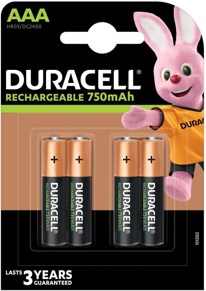 Duracell AAA Rechargeable Batteries (Pack of 4), 750 mAh NiMH, 1000 cycles, pre-charged, Long Lasting Power with a 0% plastic 100% recyclable packaging