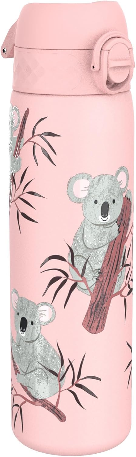 Ion8 Leak Proof Slim Water Bottle, Vacuum Insulated, Koala, 500ml (17oz), Leak Proof, Easy to Open, Secure Lock, Dishwasher Safe, Fits Cup Holders, Carry Handle, Scratch Resistant, Metal Water Bottle