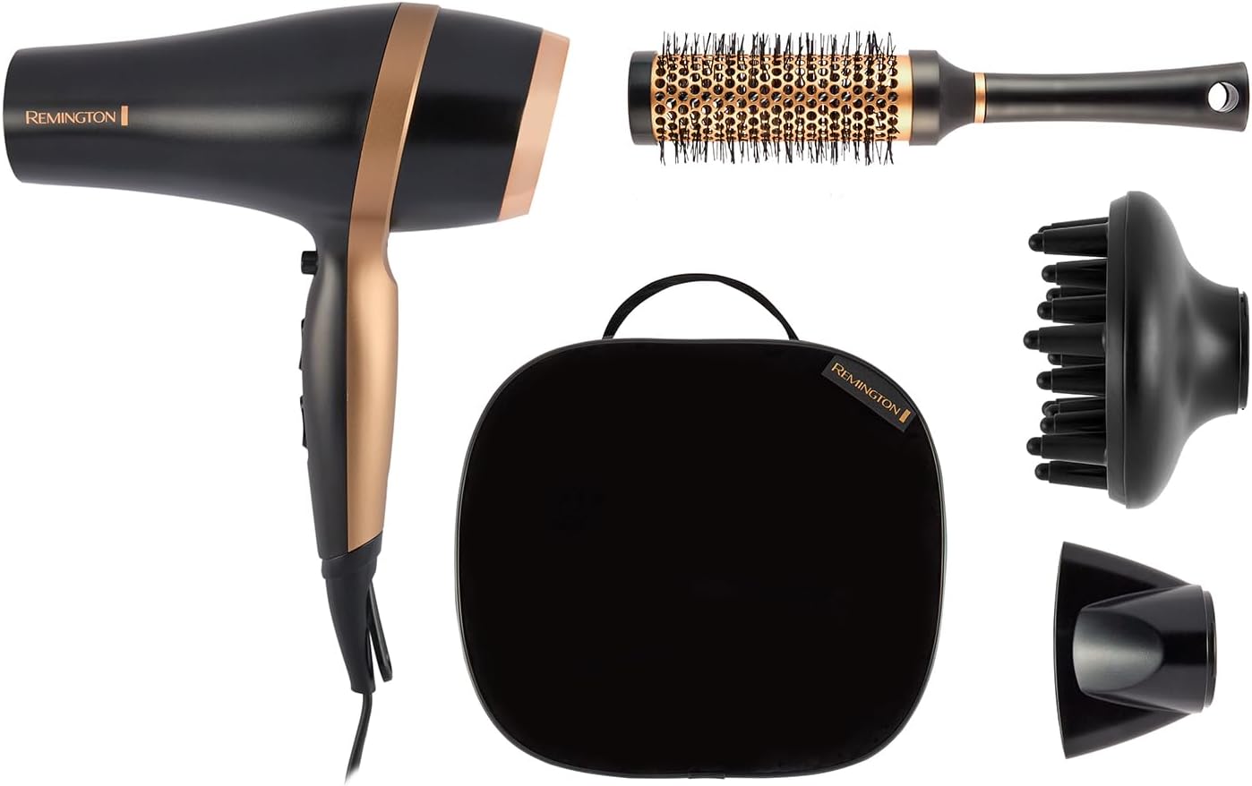 Remington Hair Dryer (Gift Set with Concentrator & Diffuser, Ceramic Ionic Grille, 3 Heat & 2 Speed Settings and Cool Shot, Premium Storage Bag, Round Brush, 2000W) Salon Smooth
