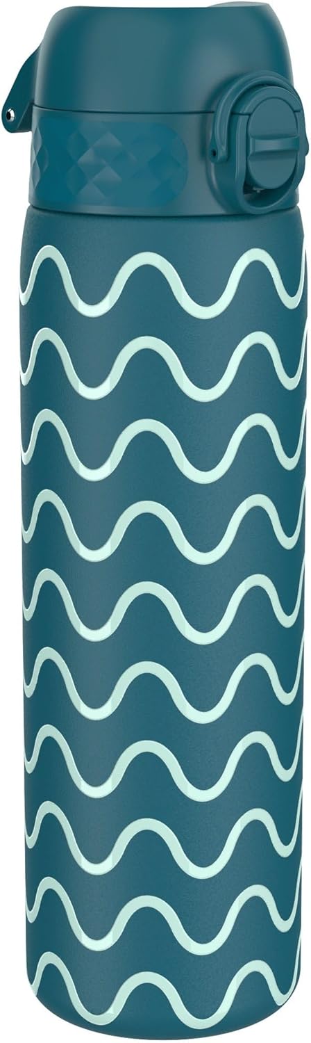 Ion8 Leak Proof Slim Water Bottle, Vacuum Insulated, Wave, 500ml (17oz), Leak Proof, Easy to Open, Secure Lock, Dishwasher Safe, Fits Cup Holders, Carry Handle, Scratch Resistant, Metal Water Bottle