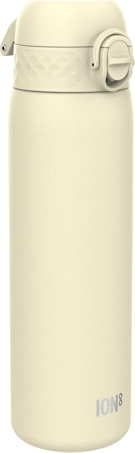 Ion8 Leak Proof Slim Water Bottle, Stainless Steel, Creamy White, 600ml (20oz), Non-Insulated, Leak Proof, Easy to Open, Secure Lock, Dishwasher Safe, Flip Cover, Fits Cup Holders, Carry Handle, Metal Water Bottle