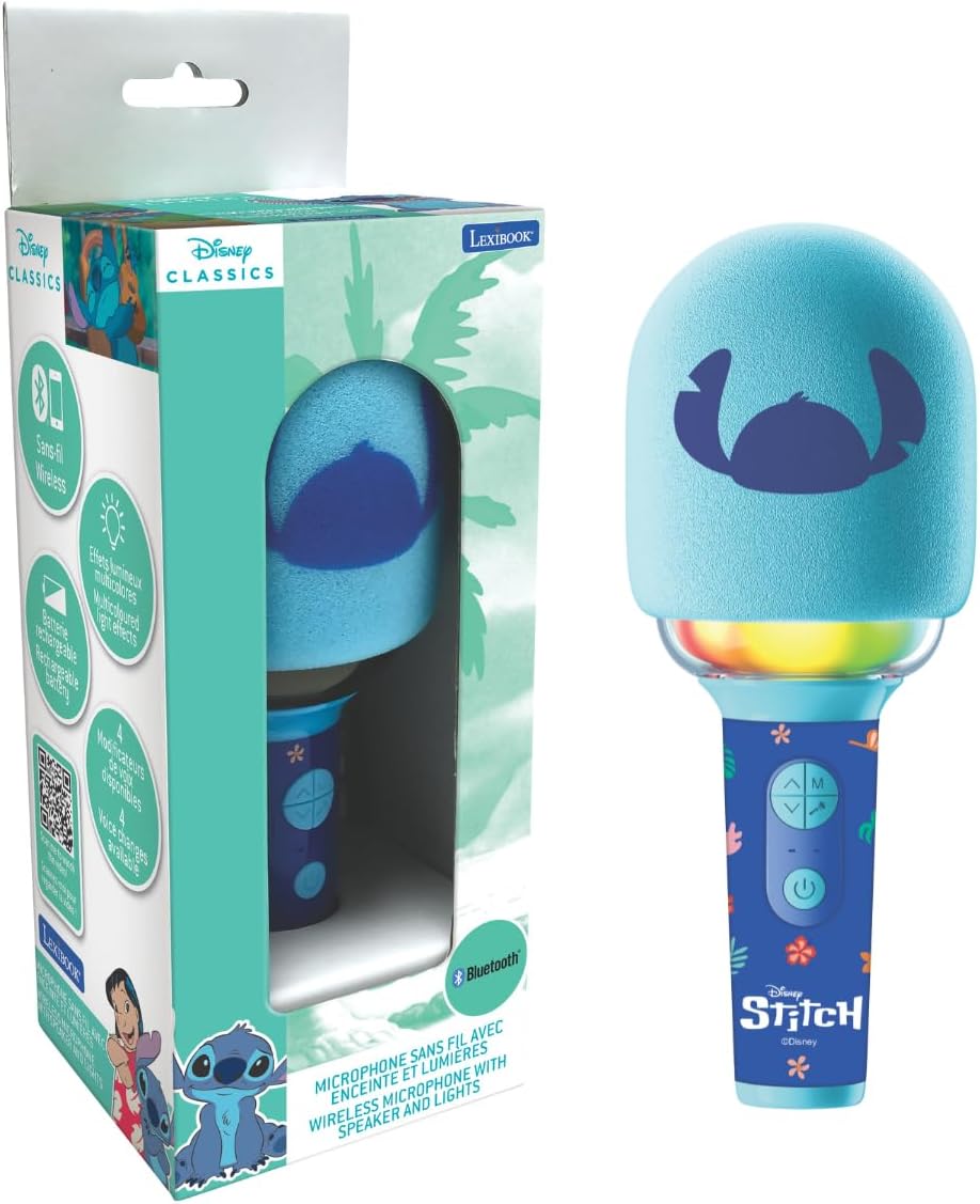 Lexibook Disney Stitch, Wireless microphone with speaker and lights, 4 voice modifiers, Multicoloured light effects, Rechargeable battery