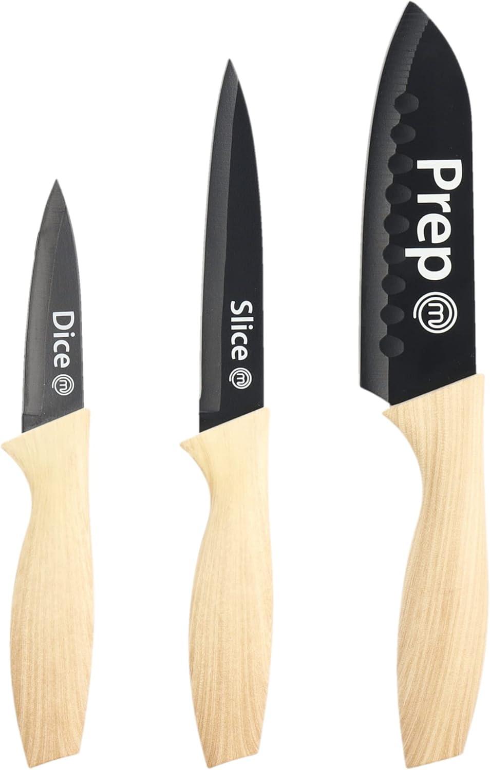 MasterChef Knife Set of 3 Kitchen Knives (Chef, Paring & Utility) Professional, Extra Sharp, Stainless Steel Blades With Non Stick Coating & Wood-Look Soft Touch Grip, Natural Collection 3 Piece