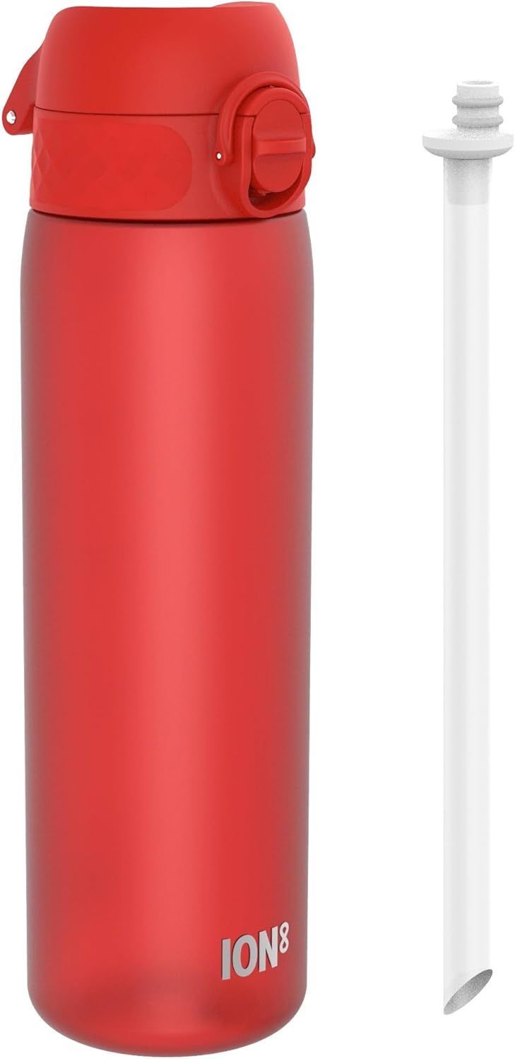Ion8 Leak Proof Slim Water Bottle With Straw, Red, 500ml (18oz), BPA-Free Drinking Bottle with Straw, Triple Lock Lid to Prevent Spills & Integrated Handle, Carbon Neutral, Recyclon