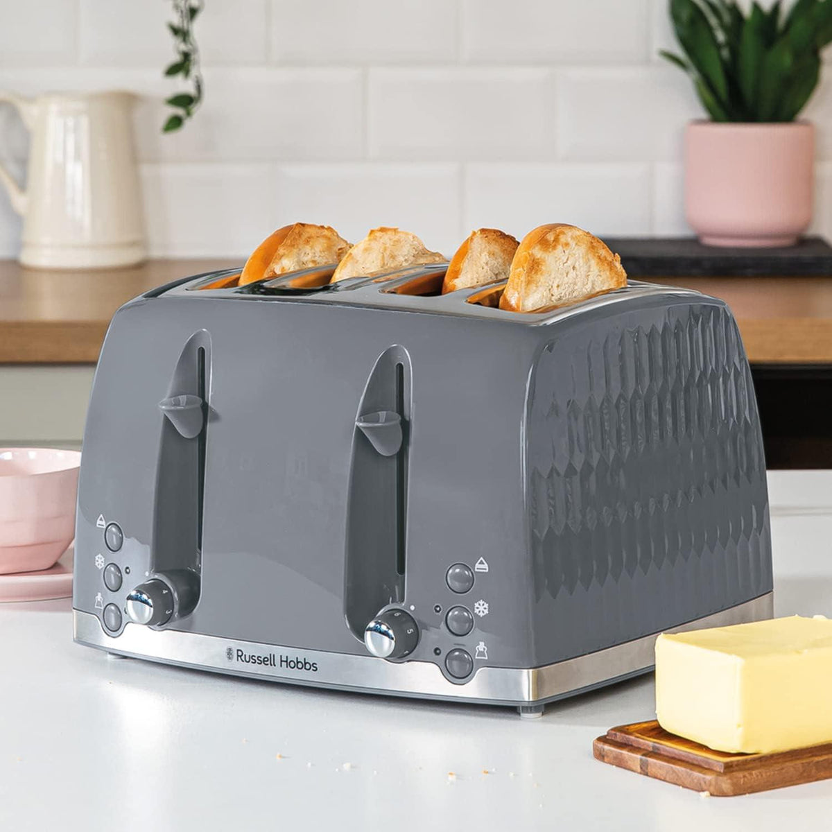 Russell Hobbs Honeycomb 4 Slice Toaster (Independent & Extra wide slots with high lift, 6 Browning levels, Frozen/Cancel/Reheat function, Removable crumb tray, 1500W, Grey textured high gloss)