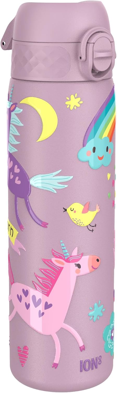 Ion8 Leak Proof Slim Water Bottle, Vacuum Insulated, Unicorn, 500ml (17oz), Leak Proof, Easy to Open, Secure Lock, Dishwasher Safe, Fits Cup Holders, Carry Handle, Scratch Resistant, Metal Water Bottle
