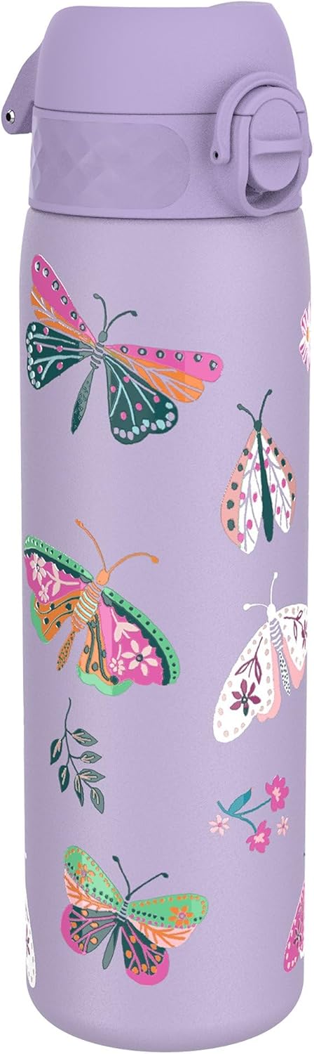 Ion8 Leak Proof Slim Water Bottle, Vacuum Insulated, Butterflys, 500ml (17oz), Leak Proof, Easy to Open, Secure Lock, Dishwasher Safe, Fits Cup Holders, Carry Handle, Scratch Resistant, Metal Water Bottle