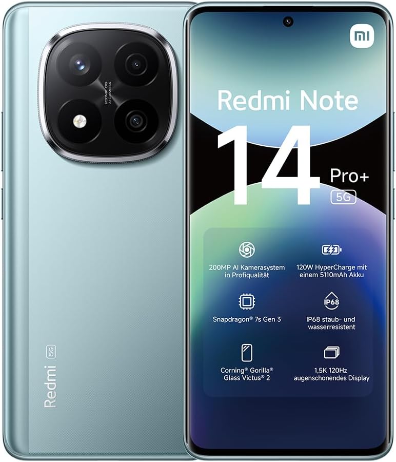 Xiaomi Redmi Note 14 Pro+ 5G Smartphone - Blue, 8GB RAM 256GB, 6.67-inch 1.5k AMOLED Display, Fingerprint Sensor, 200MP Digital Camera, Dual SIM, 5G, NFC, 120W Fast Charge