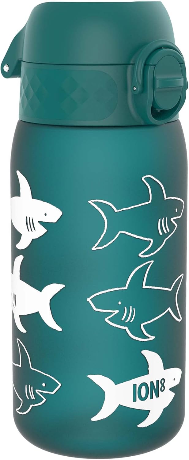 Ion8 Leak Proof Kids Water Bottle, Shark, 350ml (12oz), Leak Proof, Easy to Open, Secure Lock, Dishwasher Safe, BPA Free, Carry Handle, Hygienic Flip Cover, Easy Clean, Odour Free, Carbon Neutral