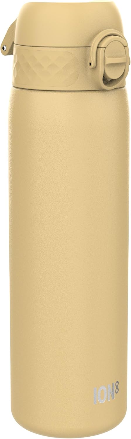 Ion8 Leak Proof Slim Water Bottle, Stainless Steel, Desert, 600ml (20oz), Non-Insulated, Leak Proof, Easy to Open, Secure Lock, Dishwasher Safe, Flip Cover, Fits Cup Holders, Carry Handle, Metal Water Bottle
