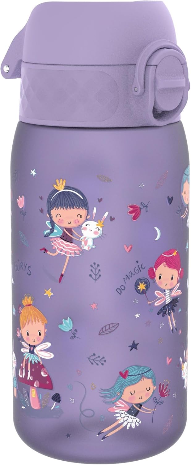 Ion8 Leak Proof Kids Water Bottle, Fairies, 350ml (12oz), Leak Proof, Easy to Open, Secure Lock, Dishwasher Safe, BPA Free, Carry Handle, Hygienic Flip Cover, Easy Clean, Odour Free, Carbon Neutral