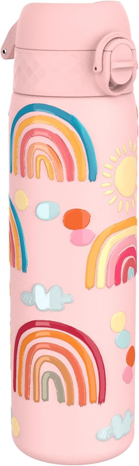 Ion8 Leak Proof Slim Water Bottle, Vacuum Insulated, Rainbows, 500ml (17oz), Leak Proof, Easy to Open, Secure Lock, Dishwasher Safe, Fits Cup Holders, Carry Handle, Scratch Resistant, Metal Water Bottle
