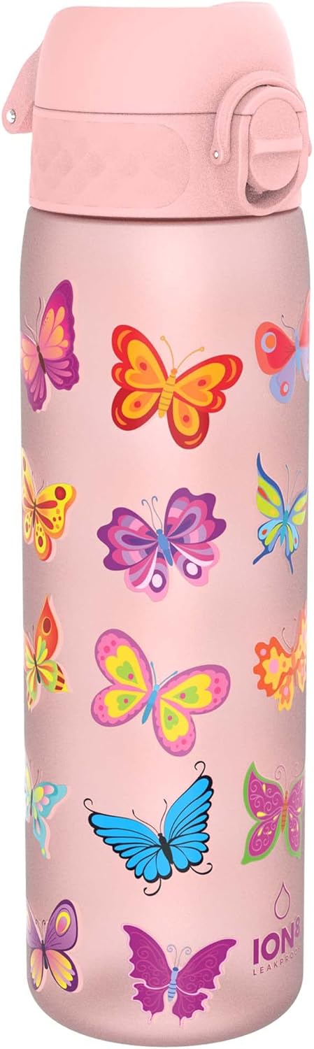 Ion8 Leak Proof Slim Water Bottle, Butterfly, 500ml (18oz), Easy to Open, Secure Lock, Dishwasher Safe, BPA Free, Hygienic Flip Cover, Carry Handle, Fits Cup Holders, Easy Clean, Carbon Neutral