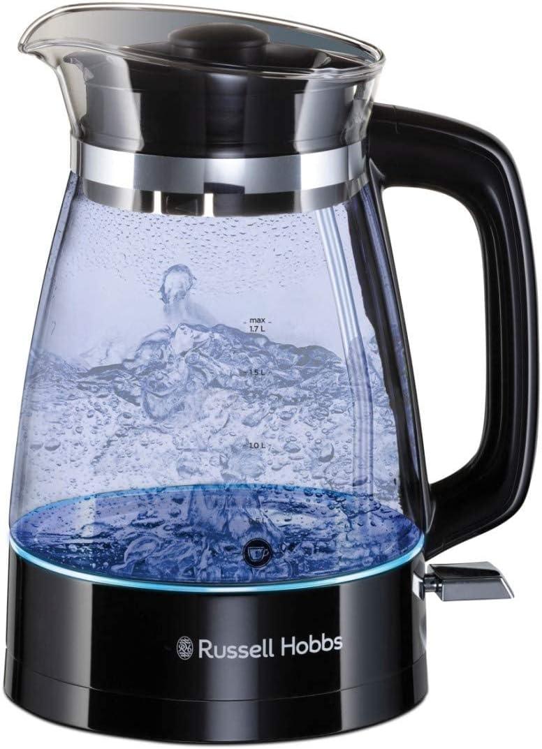 Russell Hobbs Carafe Style 1.7L Cordless Electric Glass Kettle with black handle, lid & base and blue internal illumination (Fast boil, 3KW, Anti-scale filter, Pull off lid, unique glass spout)