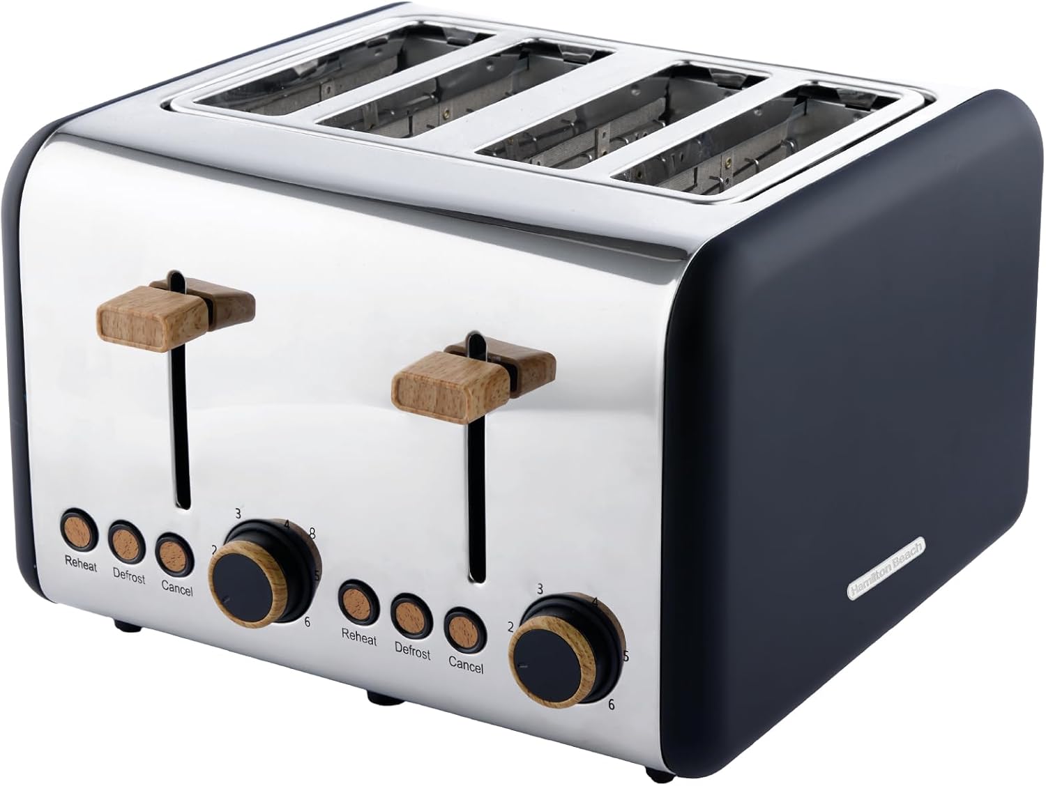 Hamilton Beach Toaster 4 Slice, Scandi, 1500W, 6 Browning Controls, Defrost, Reheat & Cancel Settings, Removable Crumb Tray, Matte Black with Wood Effect