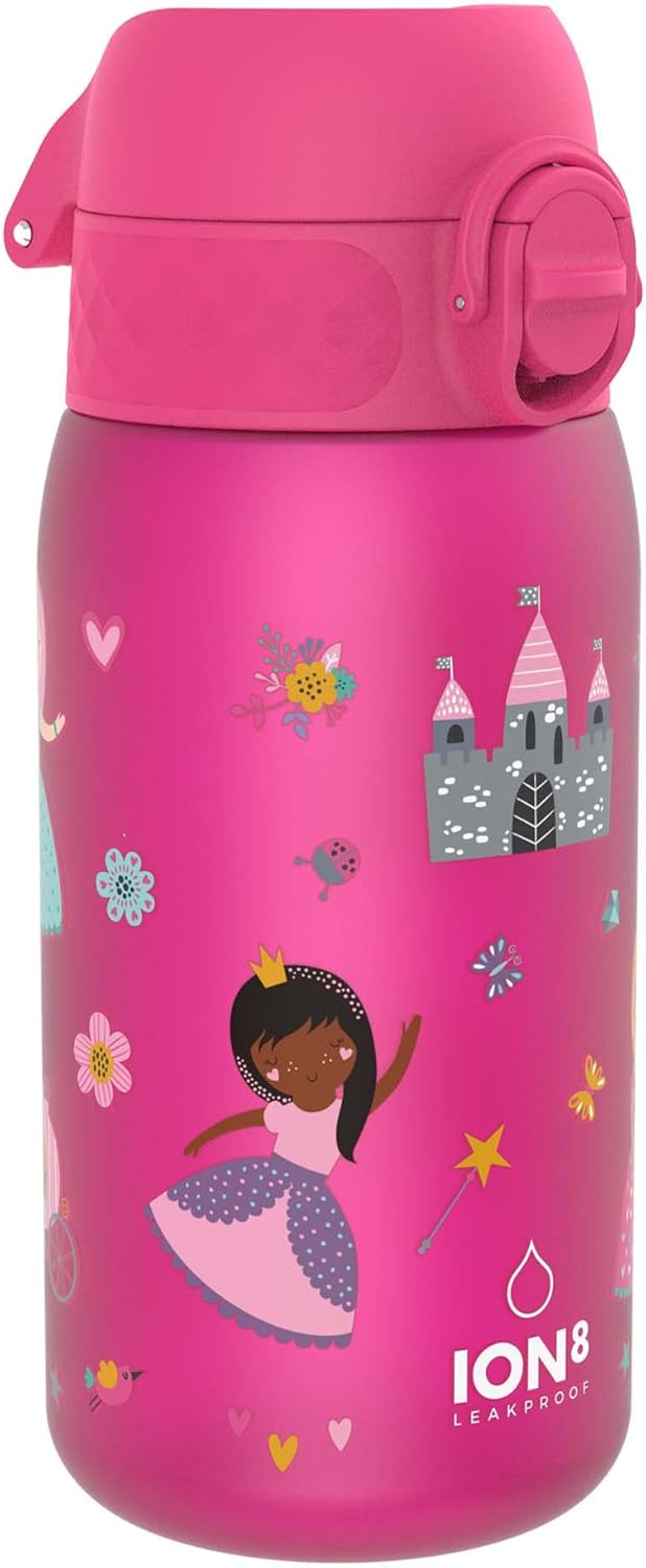 Ion8 Leak Proof Kids Water Bottle, Princess, 350ml (12oz), Leak Proof, Easy to Open, Secure Lock, Dishwasher Safe, BPA Free, Carry Handle, Hygienic Flip Cover, Easy Clean, Odour Free, Carbon Neutral