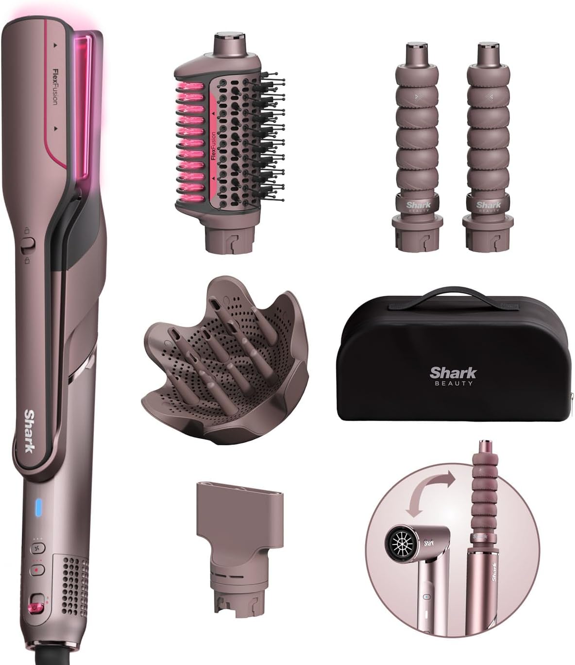 Shark FlexFusion Multi Hot Air Styler, Hair Dryer & Ceramic Straightener with 5 Styling Attachments, No Heat Damage, Scalp Shield, Storage Case – Cosmic Blush - HD652SUK