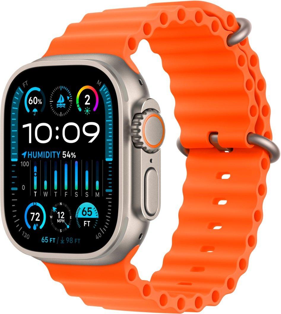 Apple Watch Ultra 2 (GPS + Cellular) 49mm Titanium Case with Orange Ocean Band - Titanium, Fitness Tracker, Precision GPS, Action Button, Extra-Long Battery Life