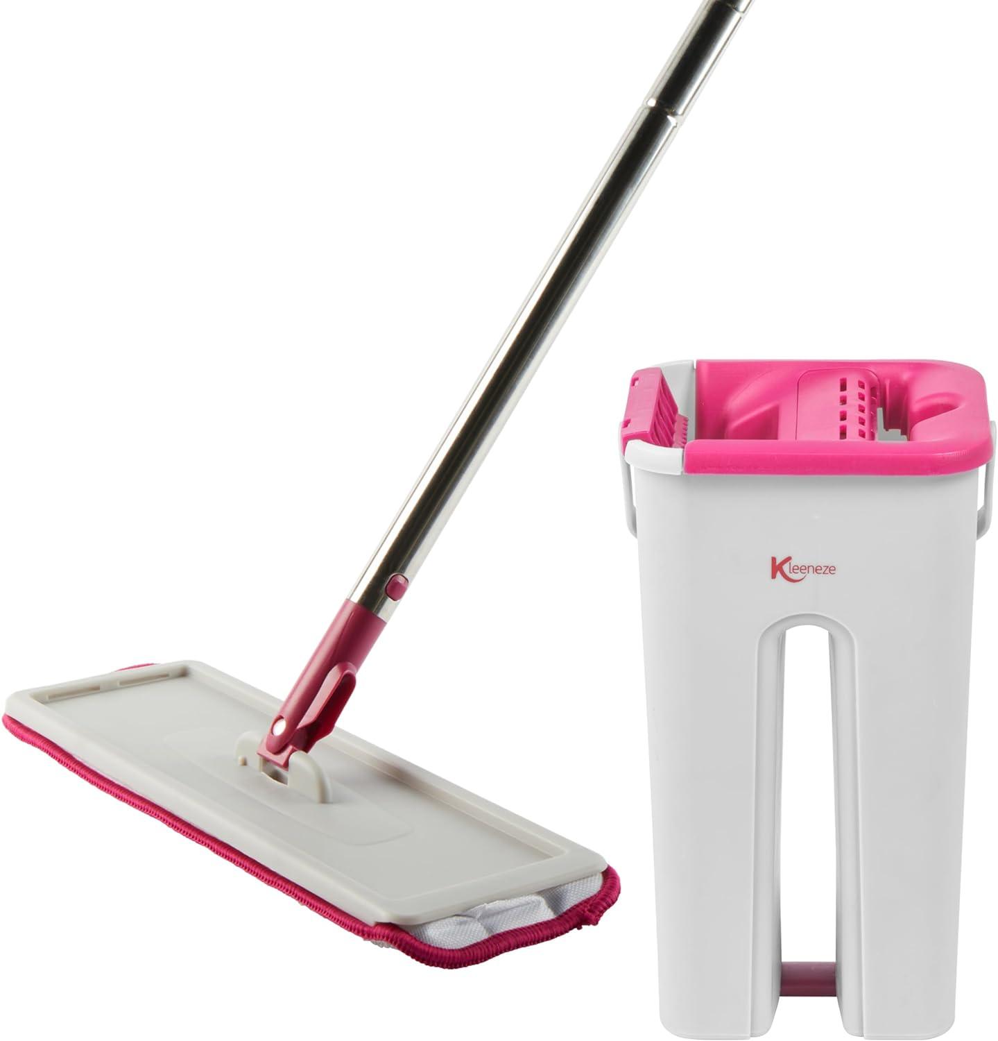 Kleeneze No Chemical Cleaning Flat Mop & Bucket Set – Just Use Water, Slimline Microfibre Mop Head, Super Absorbent, Built-In Wringer & Dirt Removing Scraper, Easy Store Compact Design