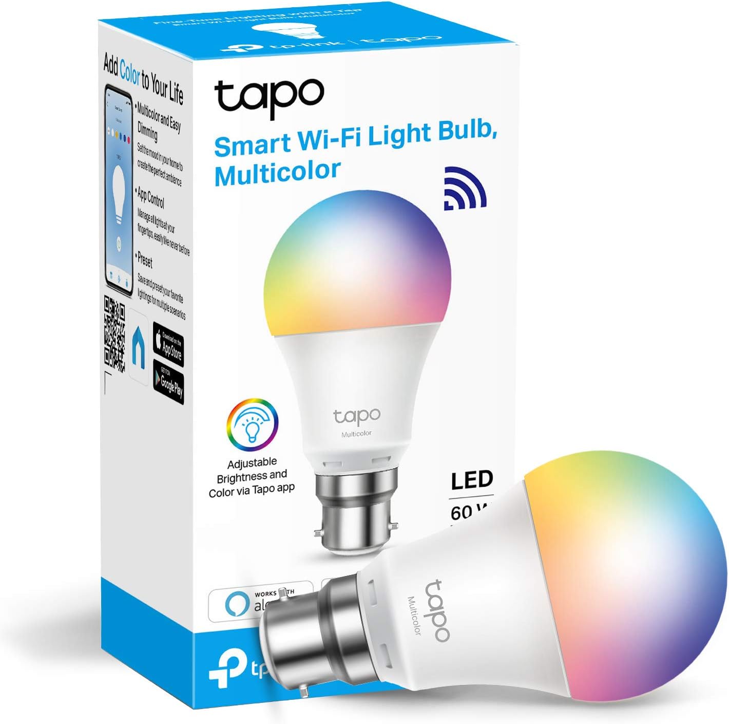 Tapo Smart Bulb, Smart WiFi LED Light, B22, 8.3W, Works with Amazon Alexa(Echo and Echo Dot) and Google Home, Colour-Changeable, No Hub Required