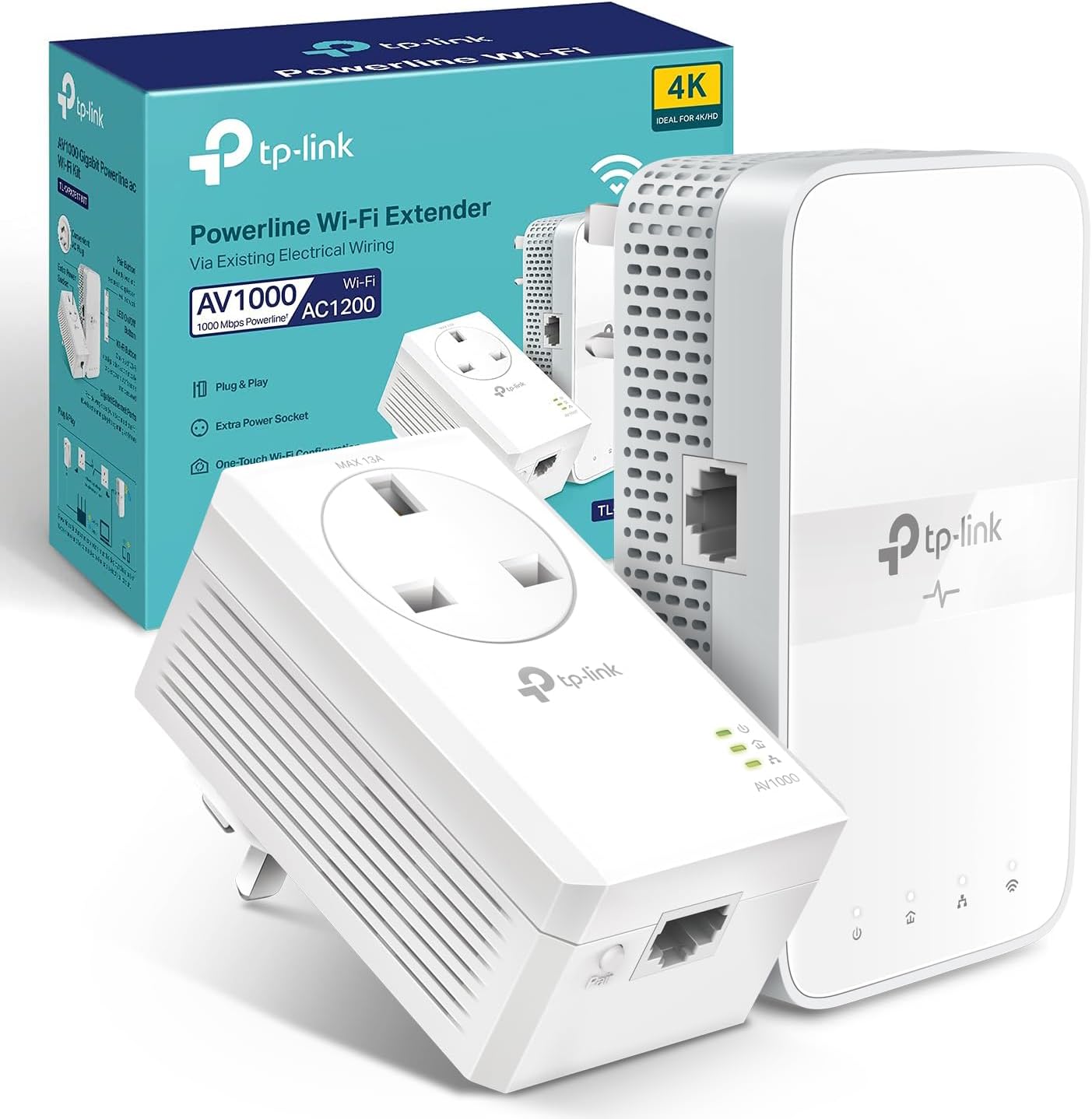 TP-Link KIT AV1000 Powerline Adapter WiFi Extender, WiFi 1200Mbps, Ethernet Ports, Powerline WiFi Extender, Powerline Network Adapters, Plug & Play, 4K video streaming & Online Gaming