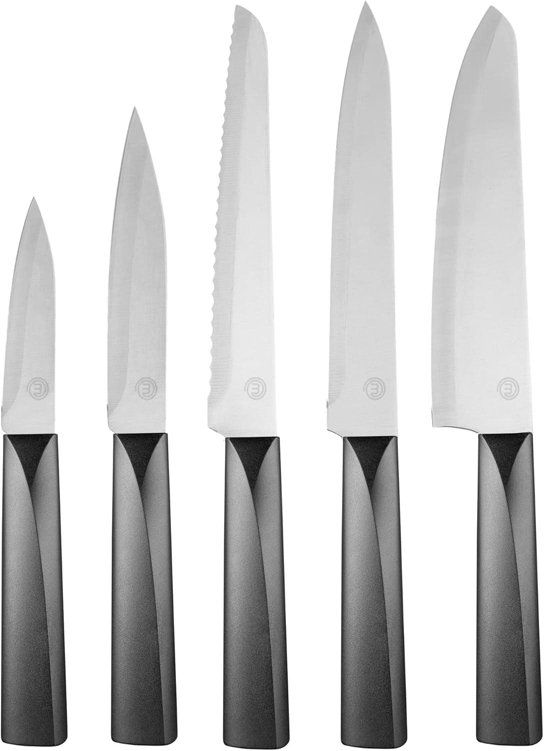 MasterChef Knife Set of 5 Professional Quality, Sharp Kitchen Knives with Stainless Steel Blades Stylish Black Japanese-Style Handles, 5 Piece, Plastic