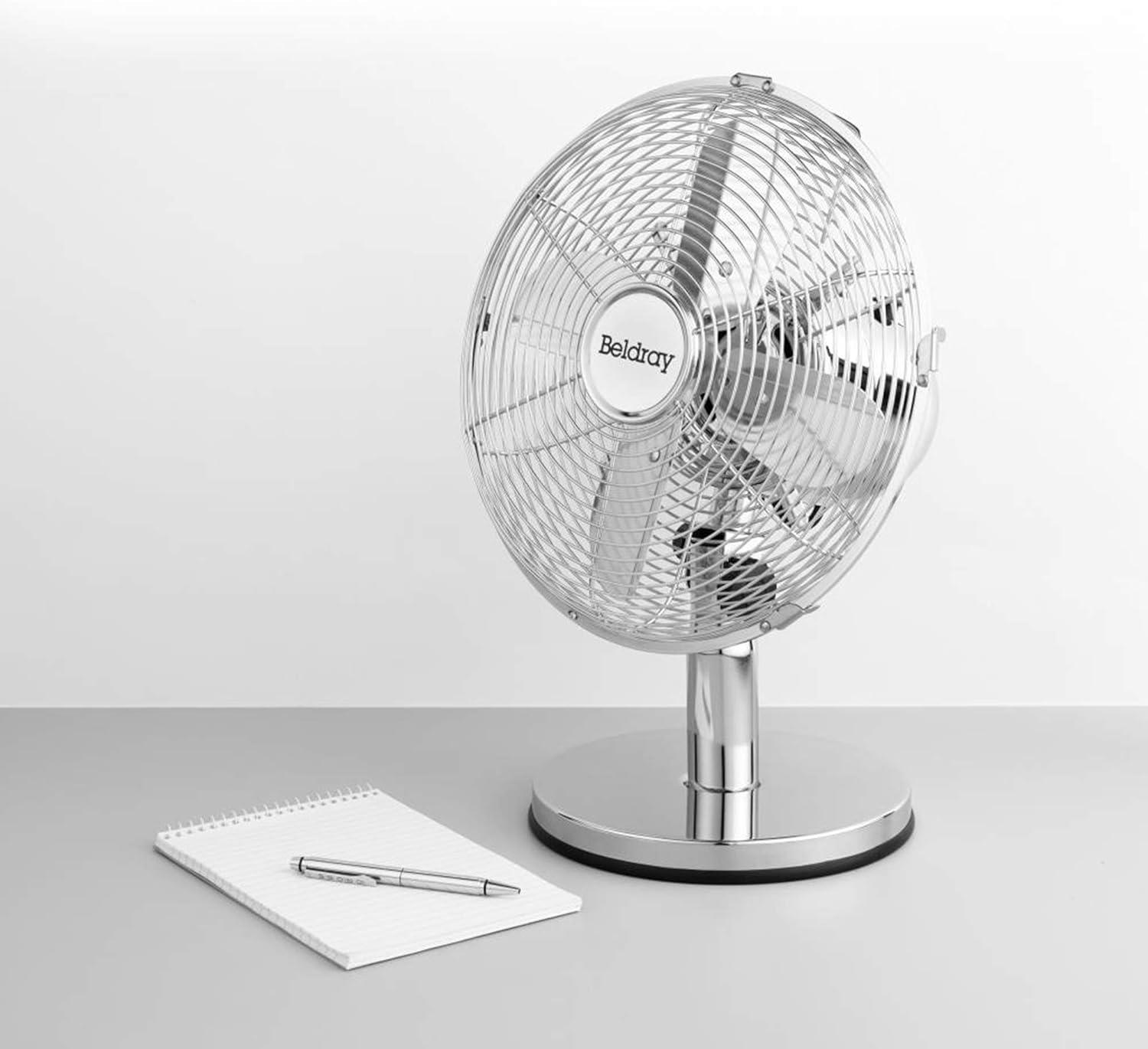 Beldray 10 Inch Desk Fan – Oscillating Fan with 3 Speed Settings, Adjustable Head, Portable, Ideal for Home, Bedroom, Office, Tabletop/Desktop, Electric Cooling Fan, 30 W, Silver/Chrome