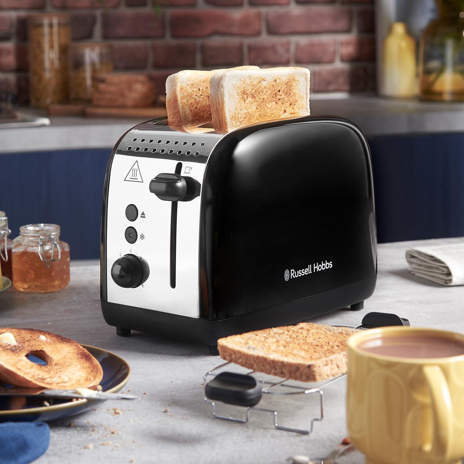 Russell Hobbs 2 Slice Lift & Look Toaster (Longer slots, 6 Browning levels, Defrost/Reheat/Cancel function, Removable Crumb Tray, 1670W, Black & Stainless Steel Gloss finish)