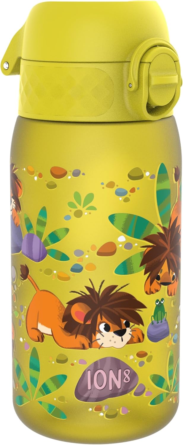 Ion8 Leak Proof Kids Water Bottle, Baby Lions, 350ml (12oz), Leak Proof, Easy to Open, Secure Lock, Dishwasher Safe, BPA Free, Carry Handle, Hygienic Flip Cover, Easy Clean, Odour Free, Carbon Neutral