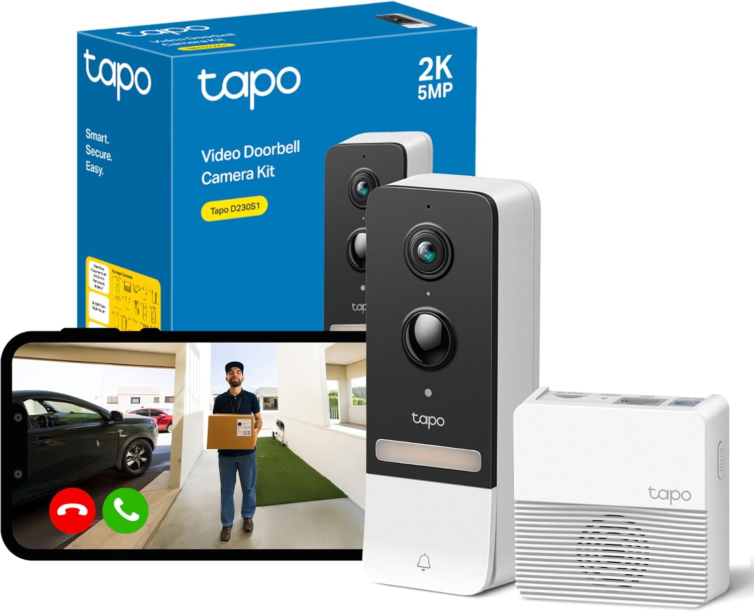 Tapo 2K 5MP Battery Video Doorbell Wireless, Security Camera Doorbell, Ring Chime Included, Color Night Vision, Head-to-Toe View, 6-Month Battery, IP64, Cloud &Local Storage, No Monthly Fee