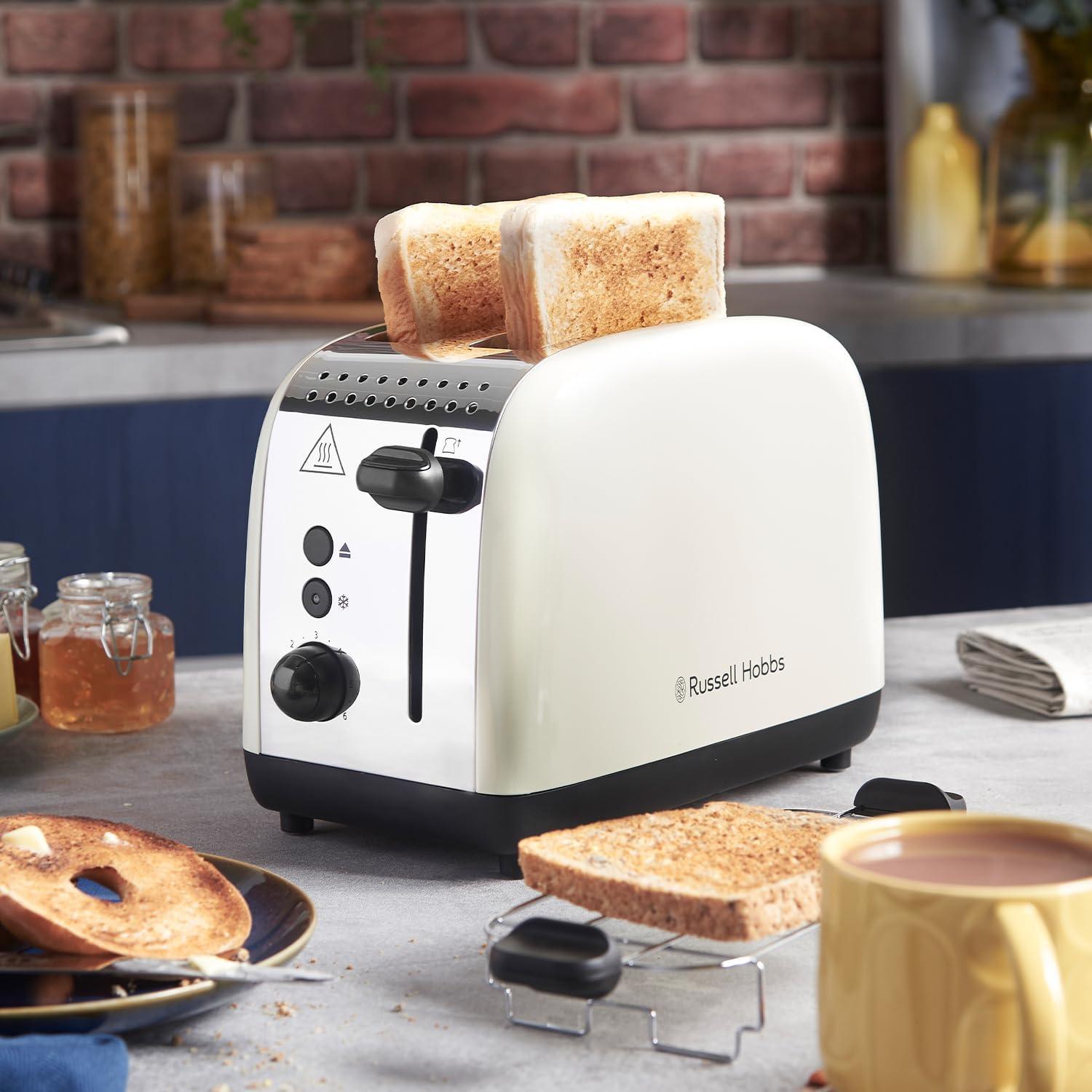 Russell Hobbs 2 Slice Lift & Look Toaster (Longer slots, 6 Browning levels, Defrost/Reheat/Cancel function, Removable Crumb Tray, 1670W, Cream & Stainless Steel Gloss finish)