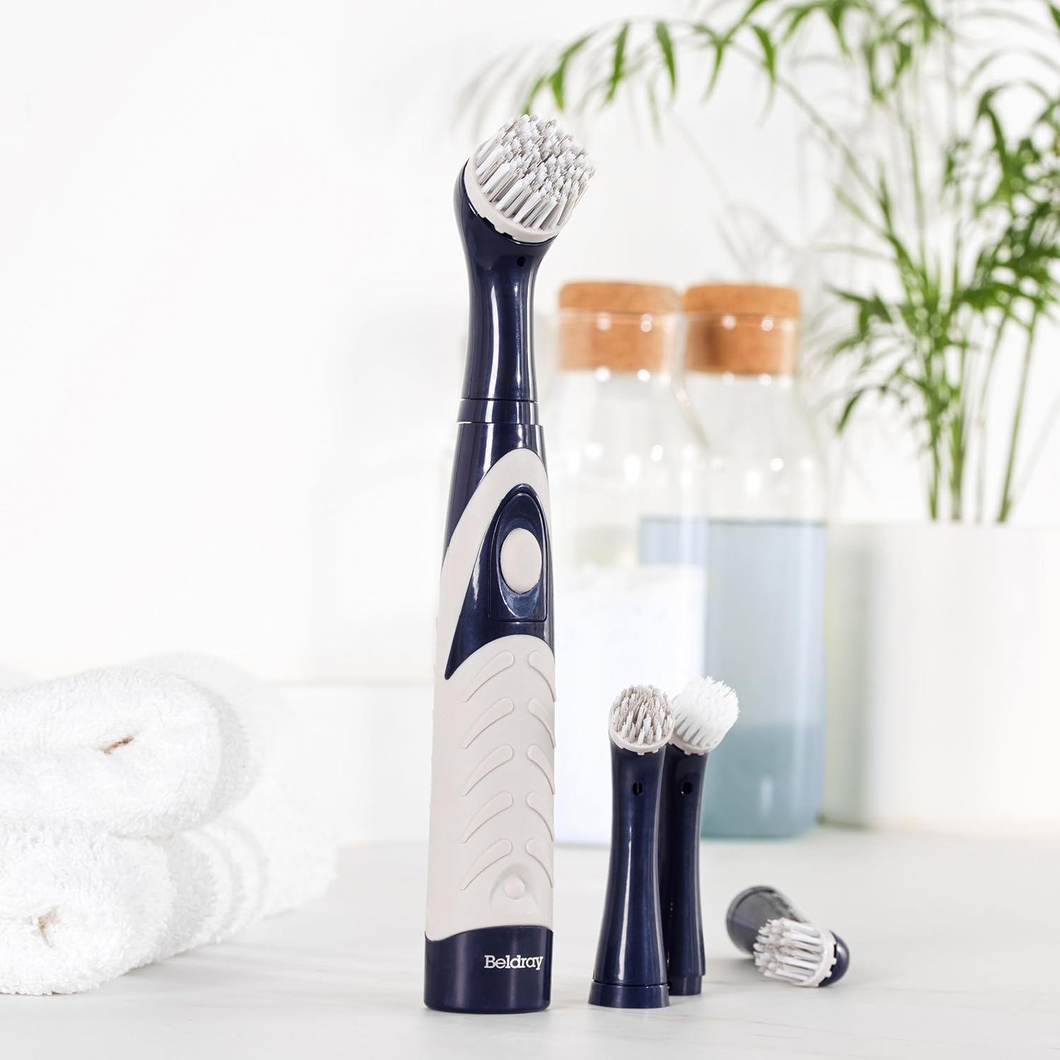 Beldray Electric Deep Clean Scrubber Turbo Brush – Bathroom Cleaner, 4 Oscillating Heads, Non-Slip Grip, Stand Included for Neat Storage, Fast Precision Cleaning, Navy