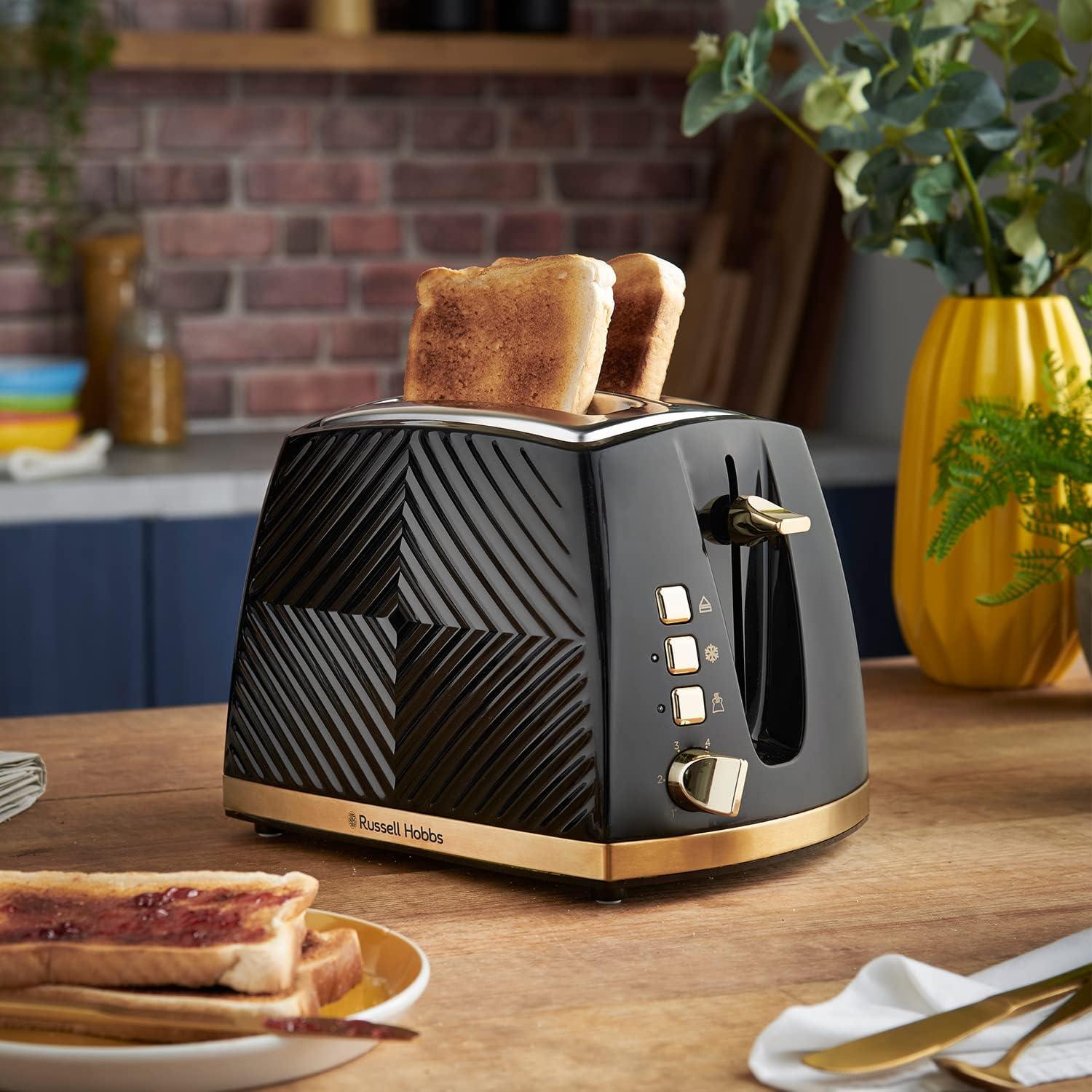 Russell Hobbs Groove 2 Slice Toaster (High Lift, Extra Wide Slots, 6 Browning levels, Frozen/Cancel/Reheat function - Illuminated buttons, Removable crumb tray, 850W, Black, Brushed gold accents)