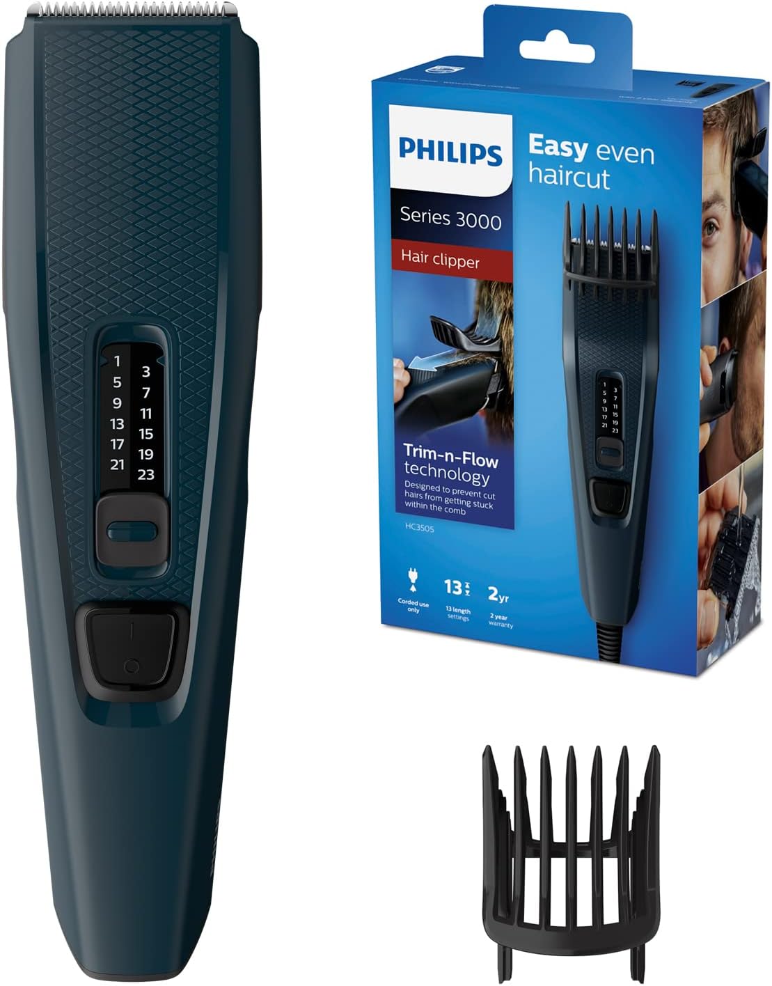Philips Series 3000 Hair Clipper for Men, 13 Length Settings, Stainless Steel Blades, Corded, Easy to Use
