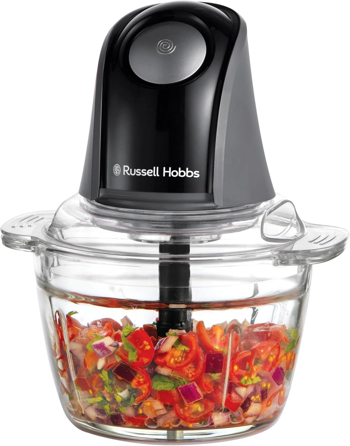 Russell Hobbs Electric Mini Chopper Desire Matte Charcoal (Food processor, fruit & vegetable dicer, 1L glass bowl with 500ml capacity, Dishwasher safe parts, Stainless steel blades, 200W)