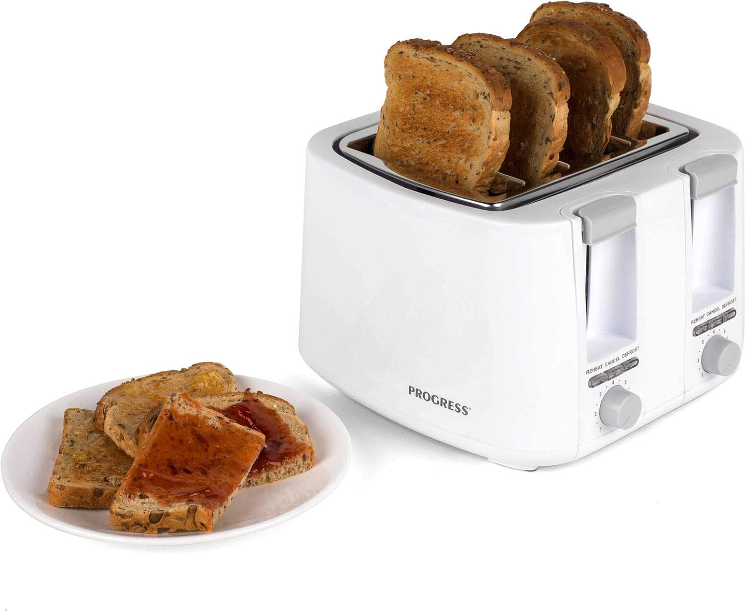 Progress 4 Slice Toaster – Anti-Jam Auto-Centring Toasting Slots, Adjustable 7 Levels of Browning, Compact Design, Defrost/Reheat/Cancel Functions, Removable Crumb Tray, 1500 W, White